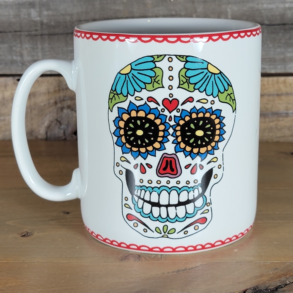 Sugar Skull Day of the Dead Coffee Mug White Porcelain Red Trim Coventry